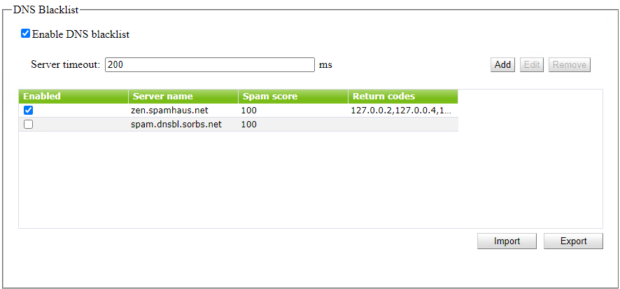 Figure 5. DNSBL configuring section