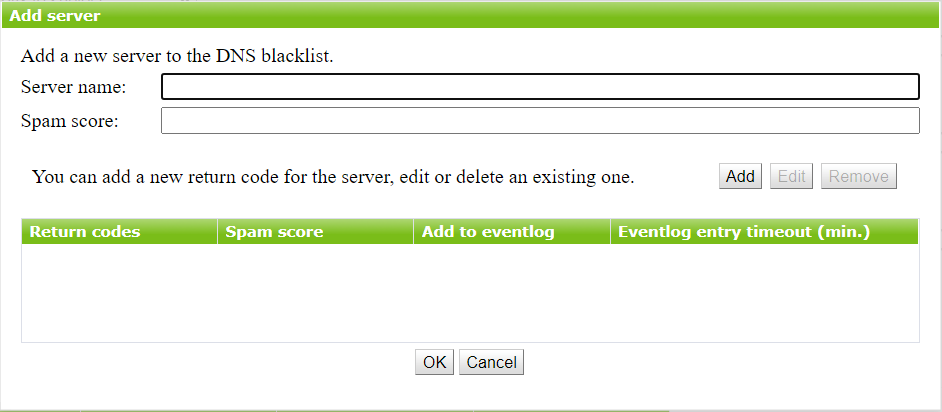 Figure 6. Adding server to DNSBL window